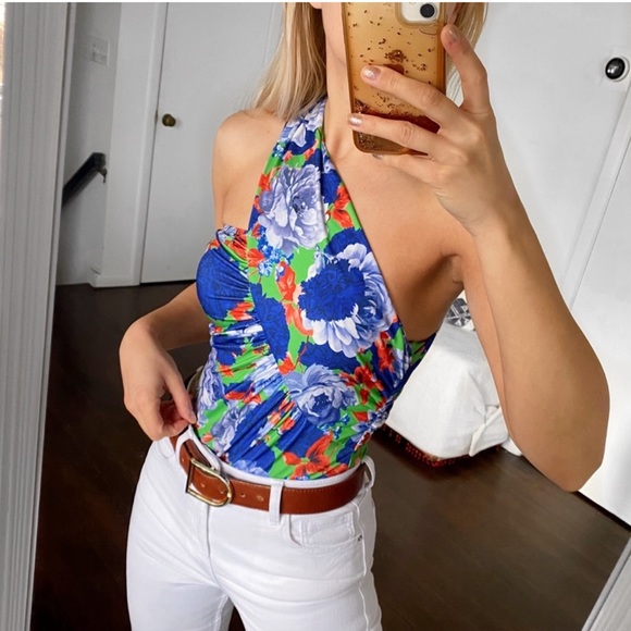 ZARA BLUE MULTI FLORAL ASYMMETRICAL BODYSUIT! - Picture 4 of 10